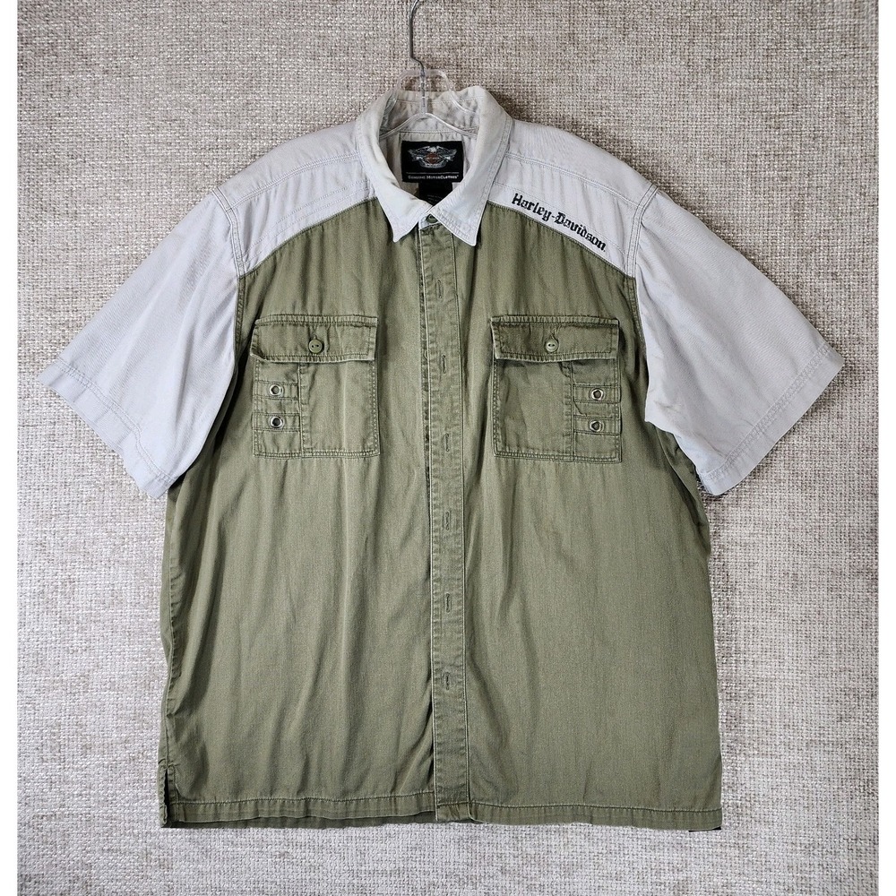 Harley Davidson Button Front Short Sleeve Shirt Mens XL Green Gray Motorcycle
